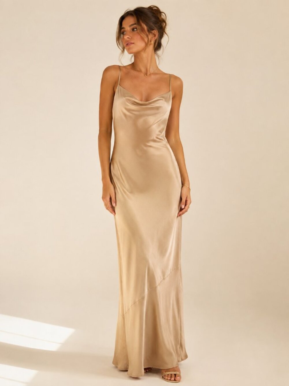 Show Me Your Mumu Silk Slip Maxi Dress M Champagne Cowl Neck Y2K 90s Minimalist